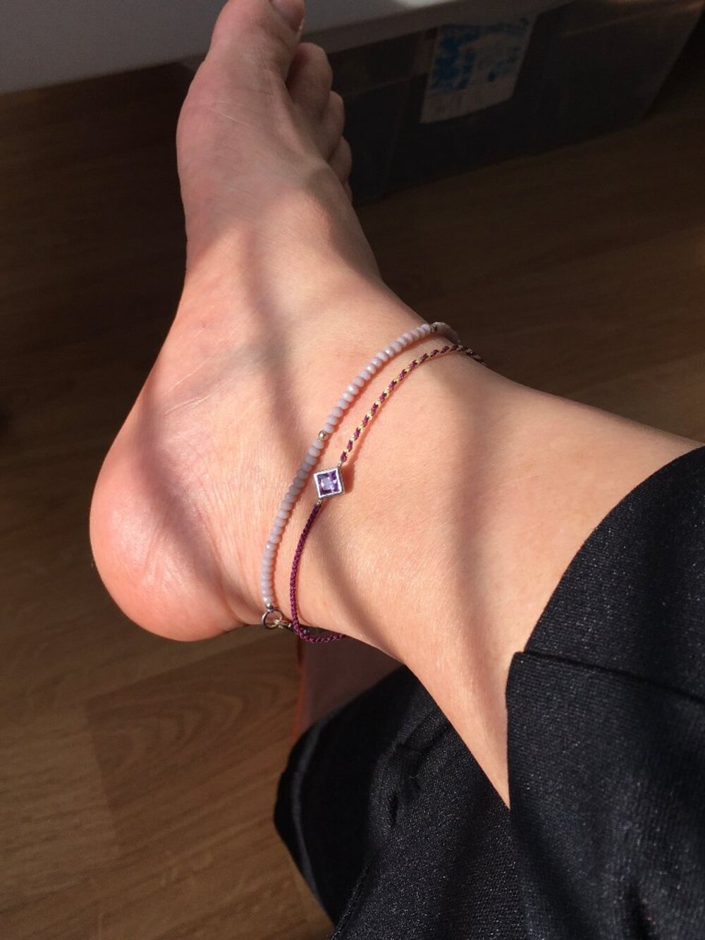 Purple & Gold braided rope with sterling silver pendant ankle bracelet 2 for set